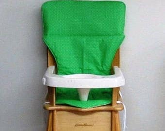replacement cotton fabric highchair cover, Eddie Bauer wooden high chair pad, baby chair pad, child care, kids feeding, spring green/dots