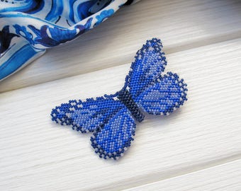 Blue butterfly brooch, bright insect beaded jewelry, seed bead bijou, unique beadwork brooch, romantic gift for girlfriend, summer trend