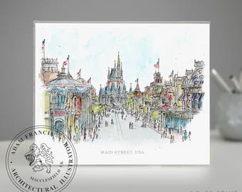 Main Street USA | Disney World | Art prints taken from my pen drawing & watercolour painting. Magic Kingdom drawing, Main St Disney.