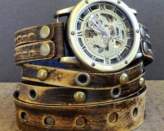 Men's Wrap around Watch, Leather Steampunk Watch, Leather Watch, Men's Wrap watch, Gift, Mechanical Watch, Vintage brown
