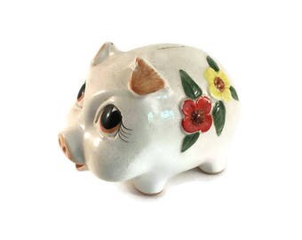Vintage Lefton Piggy Bank, Hand Painted Anthropomorphic Ceramic Bank Nursery Decor Baby Shower Gift, Glazed Ceramic Piggy Bank Floral Design