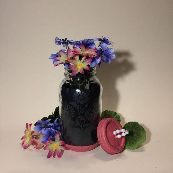 Mason Jars. Decorative Etched Glass Glitter Jar Flower Vase.