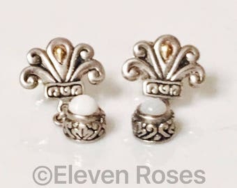 Designer Bali Fleur De Lis 925 Sterling Silver 750 18k Gold White Agate Drop Earrings