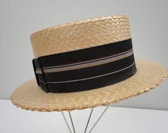 Vintage antique mens straw boater hat, costume, summer hat, mens hat, 1910 1920 1930, gatesby hat, antique hat, ribbon band, skimmer, size 7