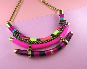 Tribal necklace, Bold necklace, Statement necklace,Thread necklace, Magenta necklace,Bib necklace, African necklace,ethnic necklace
