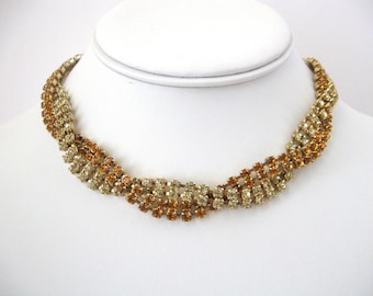 Kramer Topaz and Lemon Yellow Rhinestone Choker Necklace / Multi-Strand Woven Choker