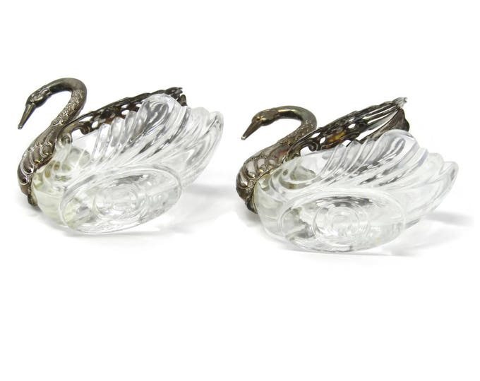 Vintage Swan Salt Cellars - Silver Plate Crystal Vintage - Bridal Gift- Shower Gift - Housewarming Gift -Vintage Serving