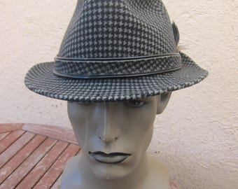 Size 7 1/4 ** Incredible 1960s High-End Wool Felt Houndstooth Check Fedora Hat