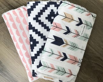 Burp cloths, baby gift, shower gift, arrows, navy aztec, aztec, modern burp cloths