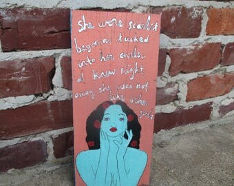 The Grateful Dead lyrics art on reclaimed wood, nude woman with scarlet begonias painting, female nude, floral crown, grateful dead lyrics