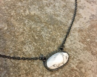 White stone, gunmetal pendant necklace-Kendra Scott style