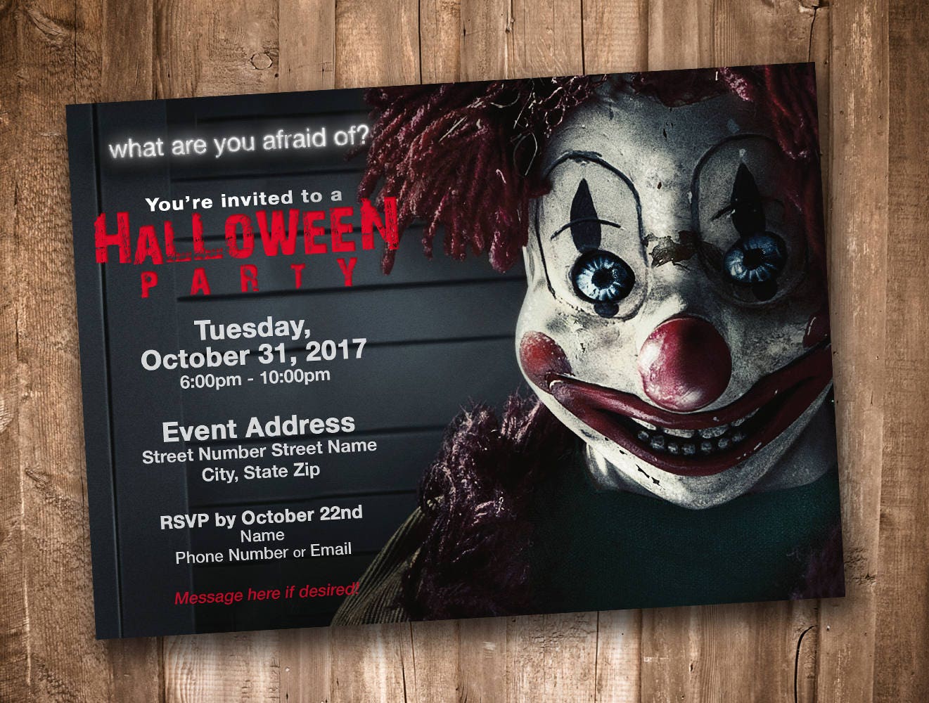 Scary Clown Adult Halloween Party Invitation Personalized