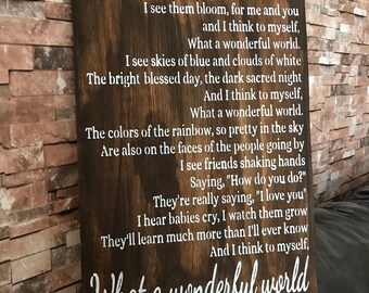 What A Wonderful World Song Lyric Distressed Wood Sign Inspirational Handmade Sign Stained Walnut Framed Fixer Upper 16x24 Sign