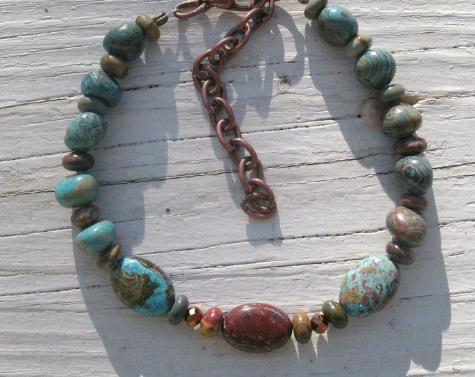 Turquoise and Jasper Bracelet with copper beading and closure with extension, blues browns greens and reddish brown, semi preious, handmade