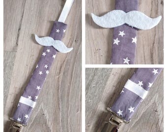 Gray and white pacifier or MUSTACHE pacifier clip