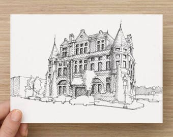 Ink sketch of old police station in Hamden, Baltimore