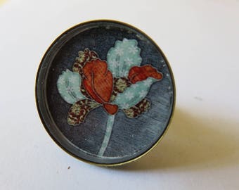 Ring bronze round flower woven blue & Brown