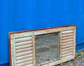 Antique Indian Green Wooden Louvred Shutter Mirror