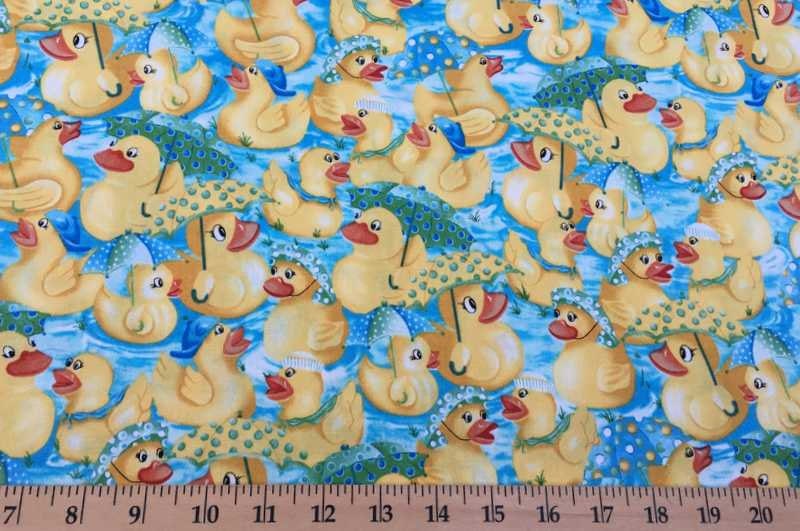 Duck Fabric Yellow Aqua Blue Ducks Umbrella Ducky Fabric By the Yard