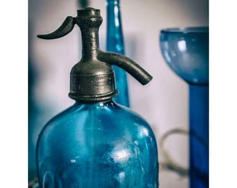 blue kitchen decor, rustic wall decor, large blue wall art, large blue artwork, kitchen wall artwork, vintage bottle photo art print