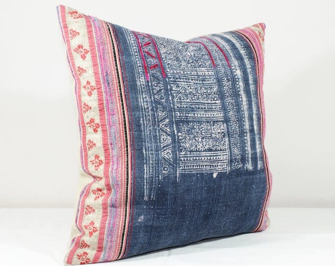 18"x 18" Vintage Hemp Blue Indigo Batik with Pink Stripes / Hmong Hemp Pillow Cover / Exotic Textile / Ethnic Costume Pillow Case