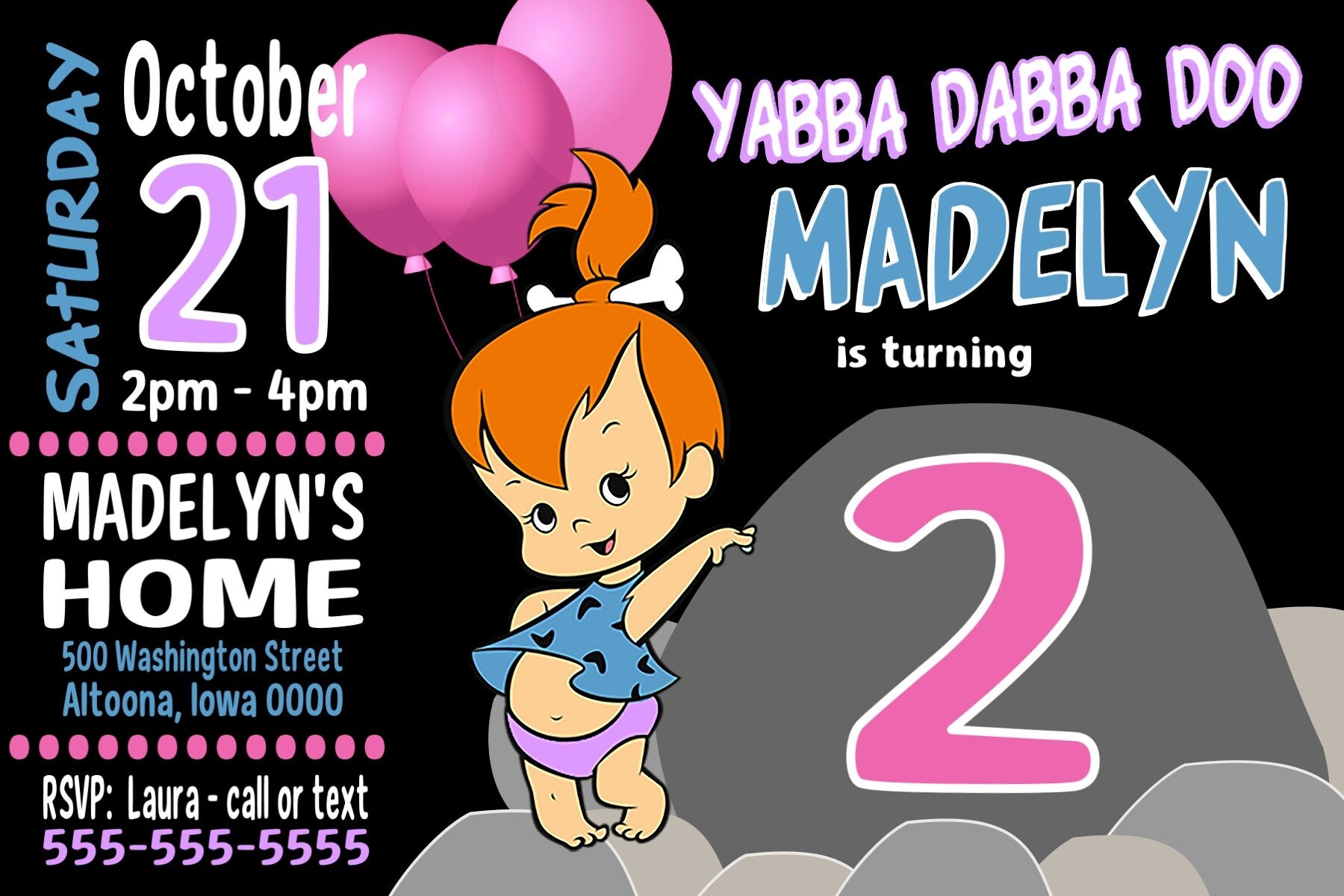 Flintstones Pebbles Birthday Invitation Digital File Print at