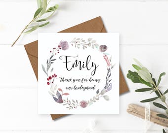 Floral Wreath Wedding Thank You Card - Handmade & Personalised for Bridesmaids, Flower Girls and Maid of Honour/Honor