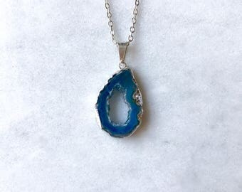 Silver Geode Necklace - Blue Agate Pendant Plated Quartz Druzy Stone Boho Necklace