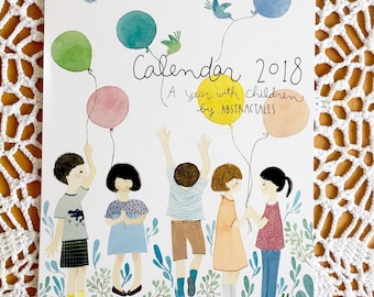 A4 size spiral wall calendar 2018, illustration calendar, watercolor children painting calendar