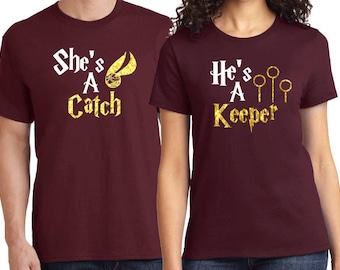 Universal Studios Harry Potter She's A Catch He's A Keeper his and hers Matching Couples Shirt Set