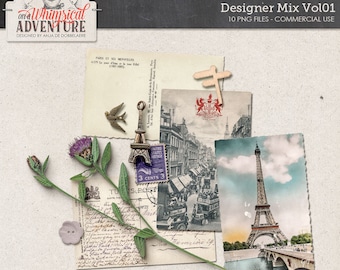 Travel Mix, Outdoor, Digital Scrapbooking Embellishments, Commercial Use OK, Instant Download, Wildflower, Eiffel Tower, Vintage Postcards