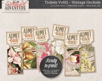 Tropical Party Idea, Wedding Invitation, Rose Gold and Green, Printable Party Ticket Instant Download, Digital Collage Sheet, Vintage Orchid