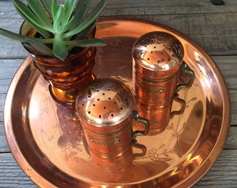 Vintage Copper platter with copper set of salt and pepper shaker's farmhouse decor brass accents retro primitive ranch style