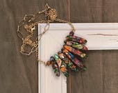 Imperial rainbow sea sediment jasper stone chunky bold colorful graduated teardrop round bead bar necklace gold dual link chain