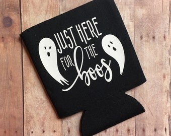 Just Here for the Boos Black & White Halloween Can Cooler - Funny Can Cooler - Gift - Can Hugger