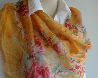 Vintage ladies silk scarf / rolled hem scarf / handpainted flowers / vintage fashion