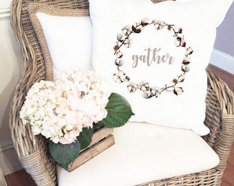 Gather Pillow Cover - Thanksgiving Pillow - Gather Cotton Ball Wreath pillow cover - wreath pillow - fall pillow