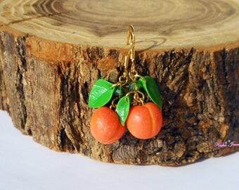 Drop Earrings miniature peach polymer clay Mini food jewelry Fruit earrings Food jewelry Mini fruit earrings Peach green earrings Gold