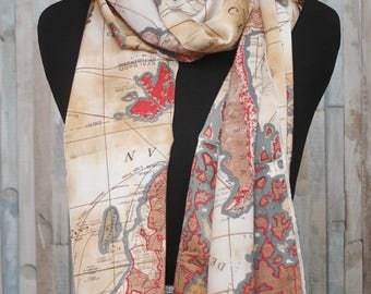 Nautical map theme Silk Scarf for Women, History Themed head scarf, oblong Map Print, Matte, Gift for her, Travel themed gift, world map