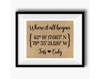 Where it all began| Latitude Longitude GPS Coordinates | 100 percent Burlap or Canvas Anniversary Gift | Where We Met | Wedding Location
