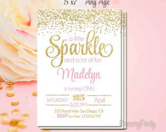 Pink and Gold First Birthday Invitation, Sparkle Invitation, She Leaves a Little Sparkle Invitation, Pink and Gold Invitation,5x7, Printable