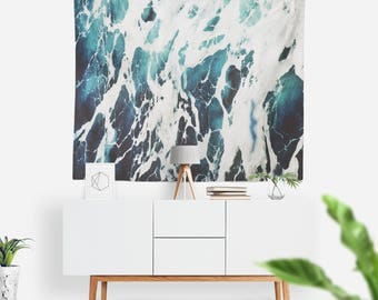 Tide Wall Tapestry | Wall Hanging | Ocean | Abstract Waves Tapestry | Waves Crashing | Extra Large Wall Art | Blue & White Decor | Sea Water
