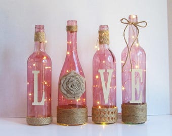 Love Wine Bottle Set, BeautifulPink Rustic Twine Wrapped Wine Bottles