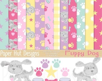 Puppy Dog Clipart and Dog Digital Papers Set -Puppy Clip Art- Dog Clipart-Puppy Dog digital papers Pet dog digital graphics-paw print-bone