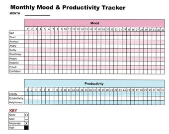 Mood & Productivity Tracker Printable Chart Journal Self Care Mental Health Bipolar Depression Emotions Therapist Counselor Social Worker