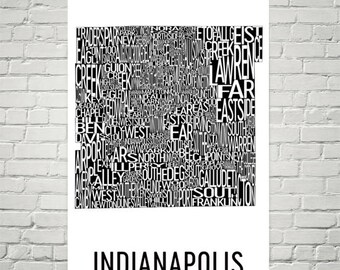 Indianapolis Typography Neighborhood Map Art City Print, Indianapolis Wall Art, Indy Art Poster, Gift, Map of Indianapolis, Indianapolis IN