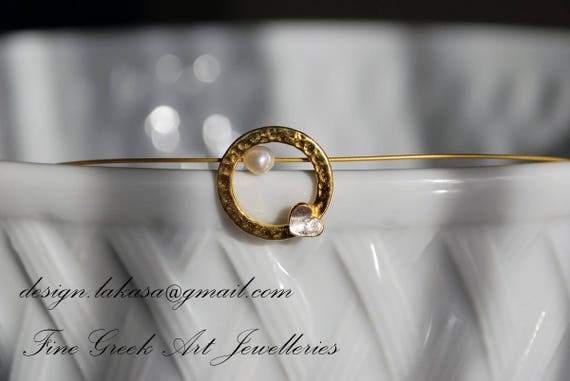 Heart in circle with Freshwater Pearl Necklace Sterling Silver Gold plated Handmade Jewelry Greek Art Love Valentine Gift for her Girlfriend