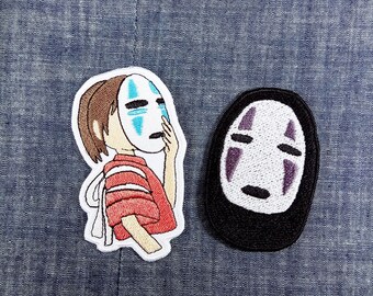 Super Rare Combo Set Spirited Away - No-Face Ghost + Chihiro with No-Face Ghost Mask on - Iron on Patch