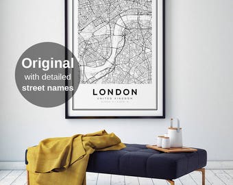 London Map Print, London City, London Map Poster, United Kingdom, City Map Print, Black and White Map, UK, England Print