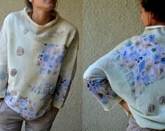 Felted wool, Women White - beige, nuno felt top, Wearable Art Clothing, felted clothing, wool Top, Designer Blouse, Hand made